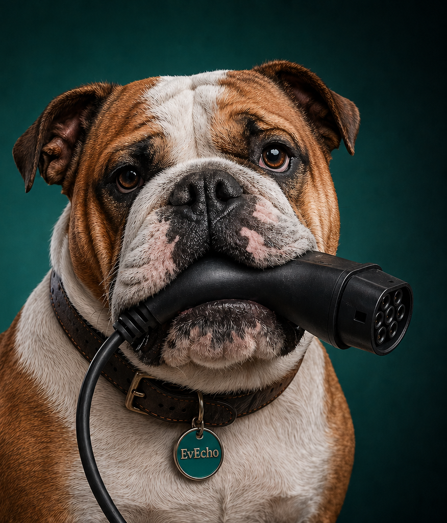 EvEcho bulldog holding an EV charging connector, with EvEcho collar badge